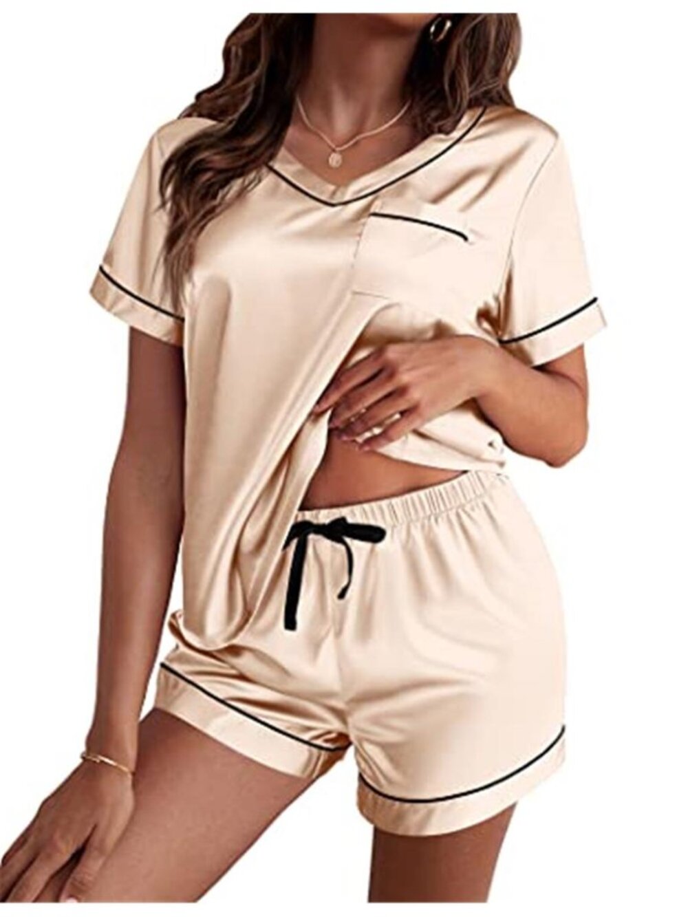 Womens Satin Pajama Set Silk Sleepwear Short Sleeve Lounge Shorts Set